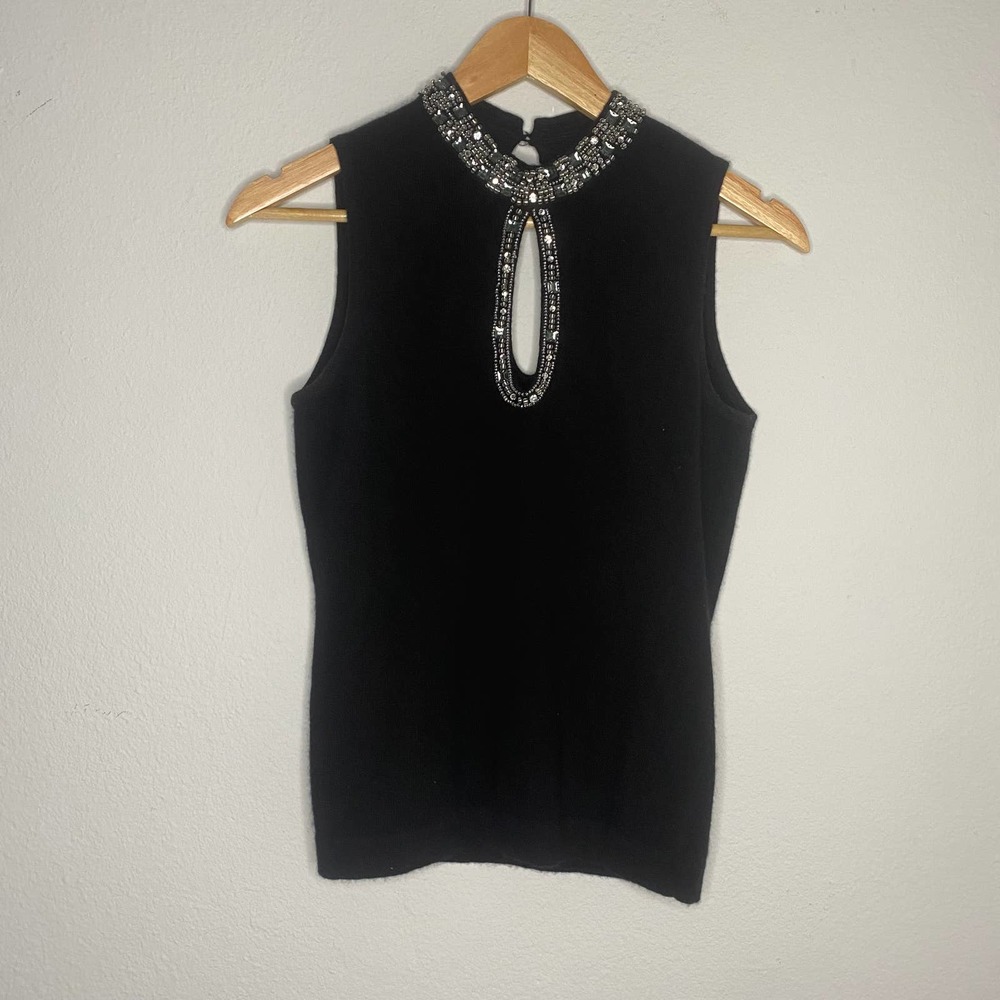 White + Warren Embellished Keyhole Cashmere Sleeveless Top S